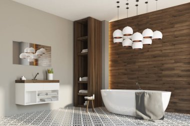 Gri ve ahşap banyo, köşe