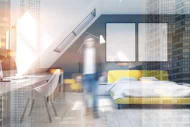 Tuğla duvar yatak odası ve ev ofis, sarı, adam