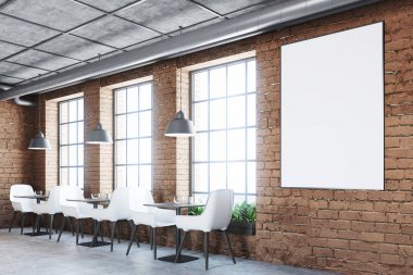 Beyaz sandalyeler, tuğla kafe poster