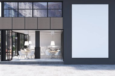 Gri kafe dış büyük bir poster ile