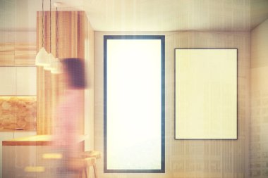 Beyaz ve ahşap mutfak bar, tonda pencere