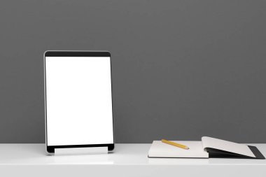 Beyaz ahşap bir masa tablet bilgisayarda