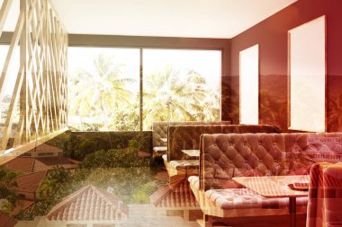 Gri kanepeler, tonda posterler çatı kafe