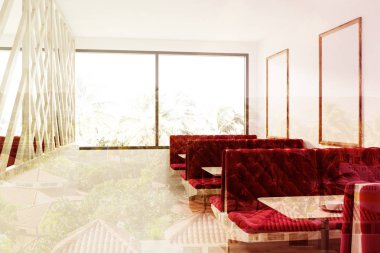 Kırmızı koltuklar, posterler, yan çatı kafe tonda