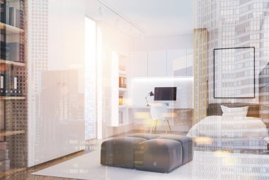 Beyaz yatak odası ve ev ofis, tonda yan