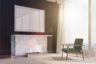 Siyah oturma odası, şömine, mavi koltuk tonda