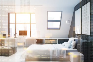 Tuğla duvar yatak ve ev ofis, tonda yan