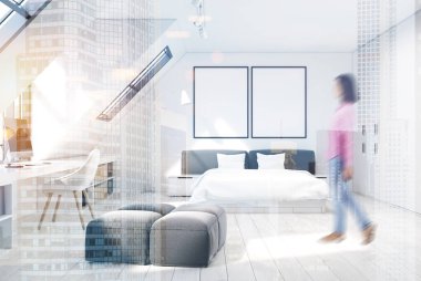 Beyaz duvar yatak odası ve ev ofis, kadın