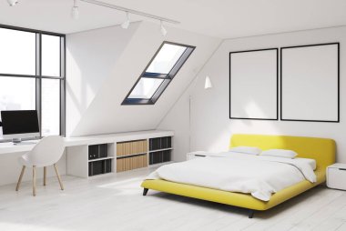 Beyaz duvar yatak odası ve ev ofis köşe