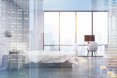 Beyaz yatak odası ve bir ev ofis, yan tonda