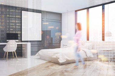 Beyaz yatak odası iç, bir bilgisayar, köşe, Çift