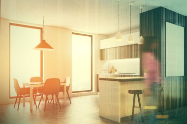 Ahşap ve beyaz mutfak bir çizgiyle tonda poster