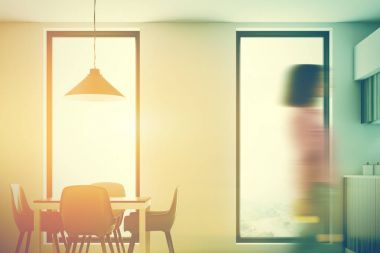 Ahşap beyaz mutfak, mutfak tezgahı, tonda tablo