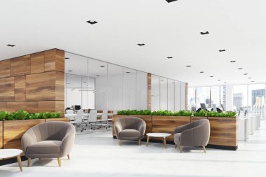 Bej koltuk bekleyen alanı, çim, yan