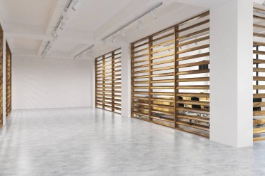 Beyaz ve ahşap duvar şirket lobi, yan