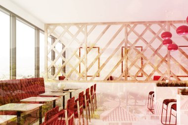 Kırmızı kanepe, tonda posterler çatı kafe