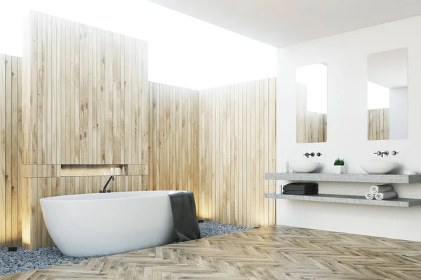 Wnętrza drewniane łazienki, umywalka, po stronie — Zdjęcie stockowe