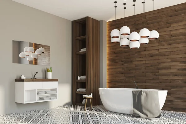 Gri ve ahşap banyo, köşe