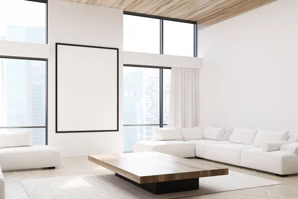 Sala de estar branca, sofás e um cartaz, lado — Fotografia de Stock