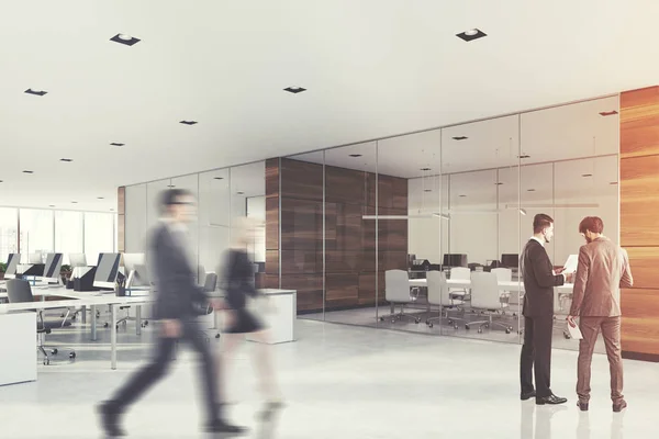 Glass and wood meeting room, people, side — Stock Photo, Image