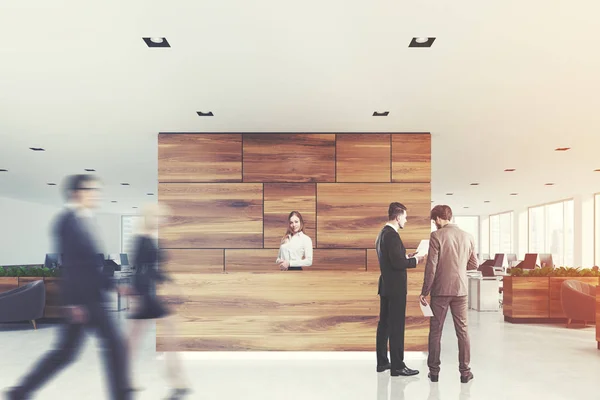 Wooden and glass reception, waiting area, people — Stock Photo, Image