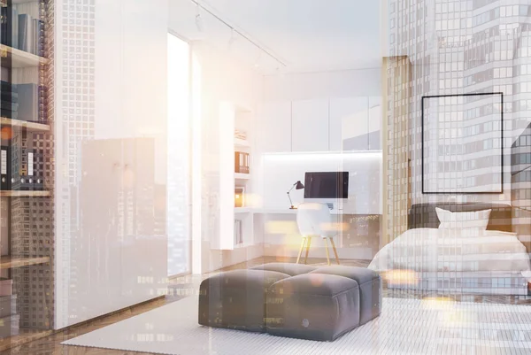 Beyaz yatak odası ve ev ofis, tonda yan