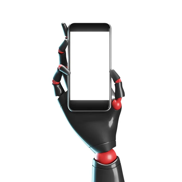 Mano robot negro con smartphone, blanco —  Fotos de Stock