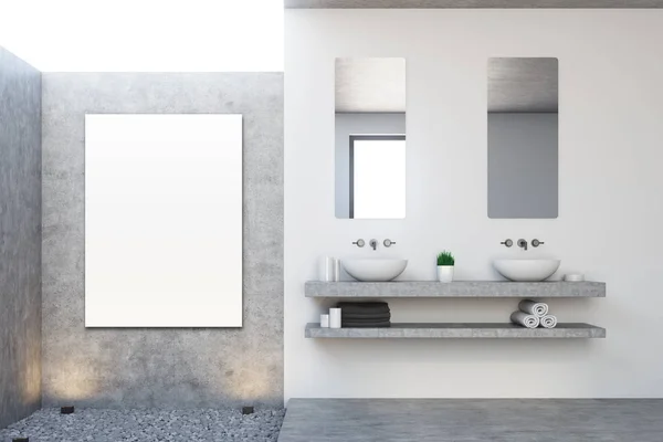 Бетонная ванная комната, двойная раковина, постер — стоковое фото