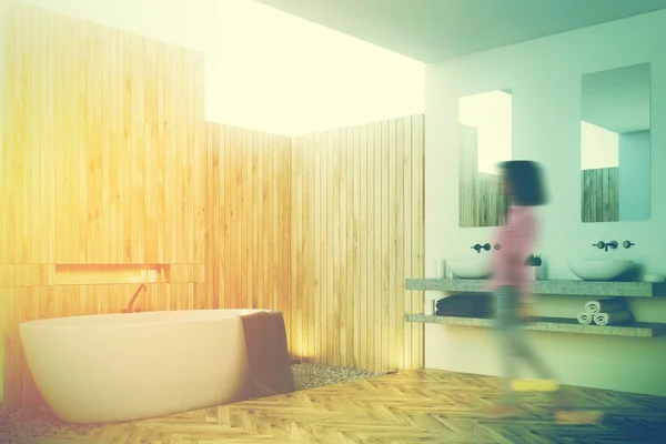 Wooden bathroom interior, double sink, side, girl — Stock Photo, Image