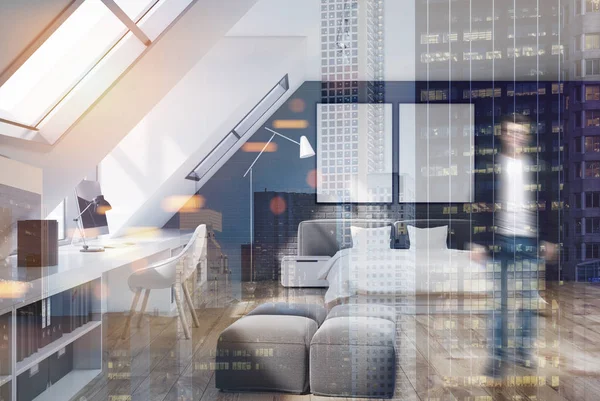 Tuğla duvar yatak odası ve ev ofis, ahşap, adam