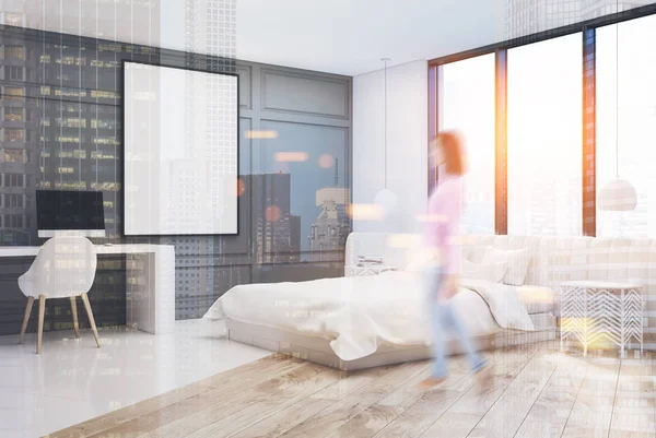 Beyaz yatak odası iç, bir bilgisayar, köşe, Çift