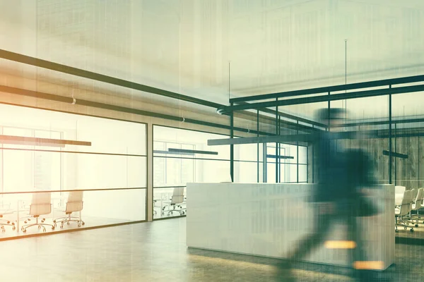 Wooden office, a white reception, corner, people