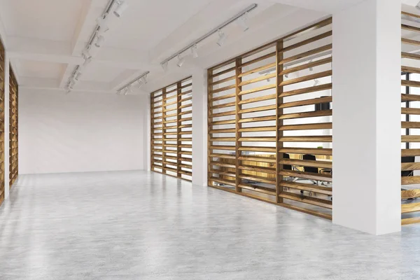 Beyaz ve ahşap duvar şirket lobi, yan