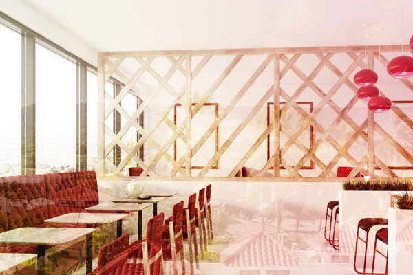 Kırmızı kanepe, tonda posterler çatı kafe