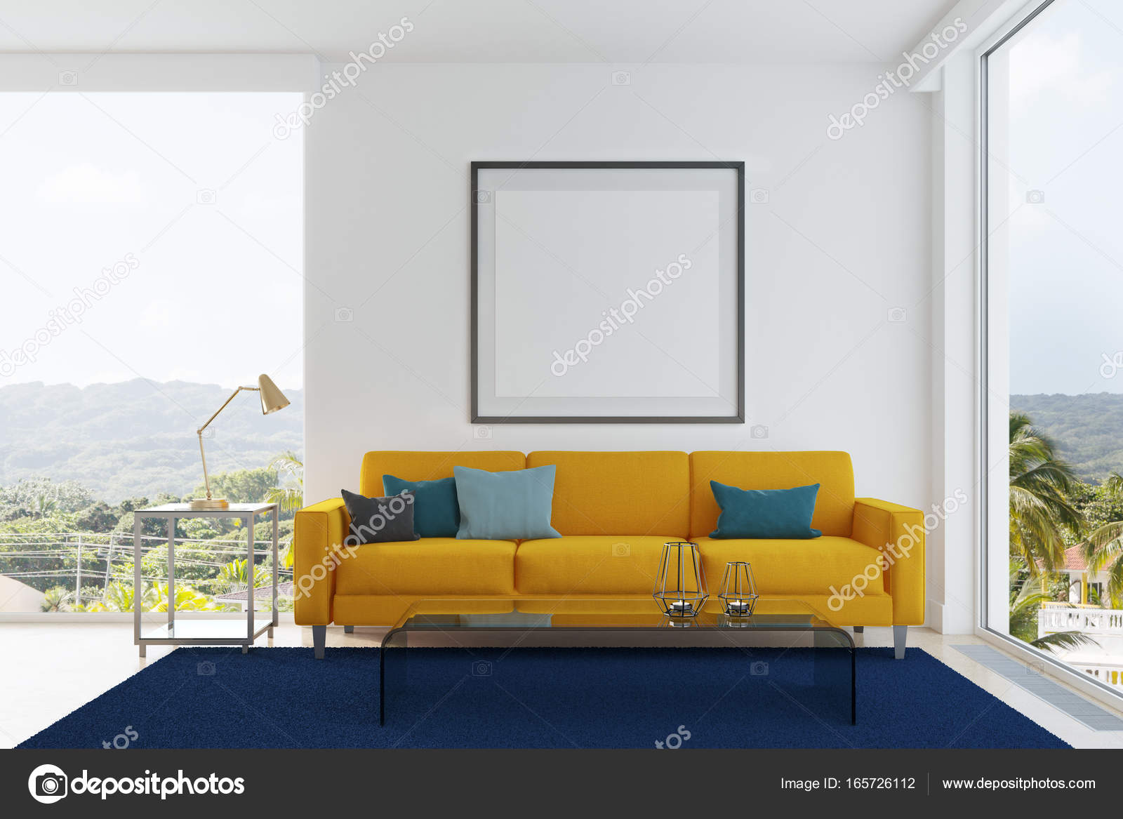 Blue couch with yellow pillows sale