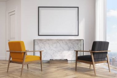 Beyaz oturma odası, sarı ve siyah koltuklar