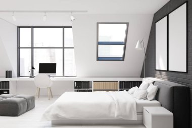 Yatak odası ve ev ofis, yan tuğla duvar