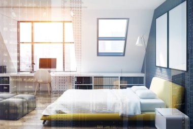 Tuğla yatak odası ve ev ofis, sarı, yan tonda