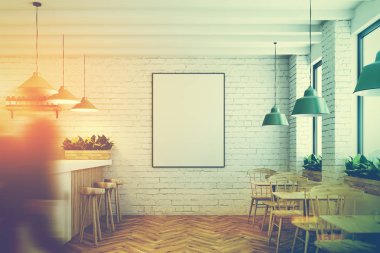 Beyaz tuğla kafe, bar ve tonda poster