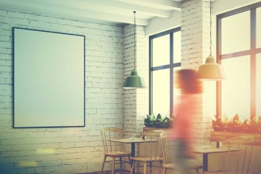 Beyaz tuğla kafe, bar ve poster, tonda köşe