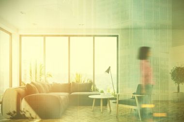 Gri bir kanepe, açık kız beyaz oturma odası