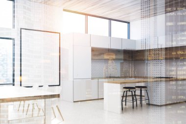 Beyaz ve ahşap mutfak, yan çift