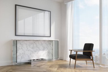 Beyaz oturma odası, şömine ve siyah tekli