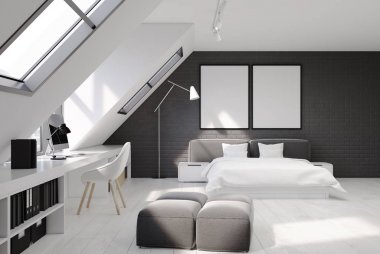 Tuğla duvar yatak odası ve ev ofis