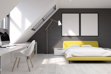 Yatak odası ve ev ofis, sarı tuğla duvar