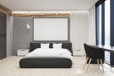 Gri ve beyaz yatak odası, büyük poster