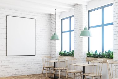 Beyaz tuğla kafe, bar ve poster, köşe