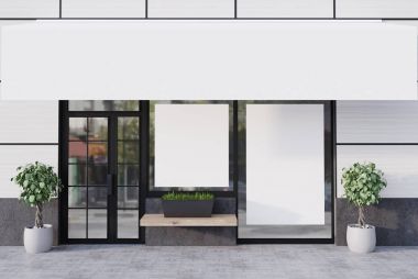 Beyaz Cafe dış ile iki afiş, ön