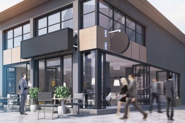 Cafe yuvarlak ve dikdörtgen bir işareti, insanlar