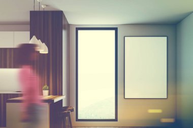 Ahşap beyaz mutfak, mutfak tezgahı, pencere, kız